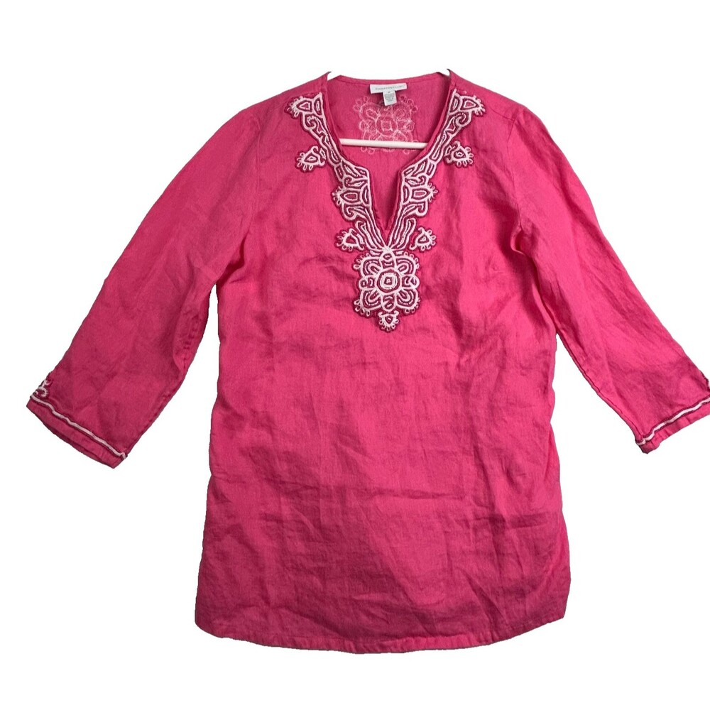Charter Club Womens M Pink Linen Tunic Top Embroidered Boho 3/4 Sleeve